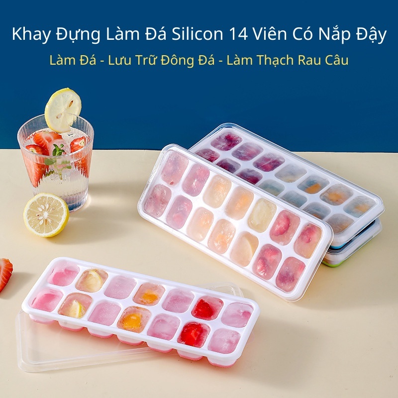 Bộ 5 Khay Làm Đá Viên Silicon 14 Ô Có Nắp Đậy Kín – Dùng Làm Đá, Thạch, Bảo Quản Gọn Gàng Tủ Lạnh