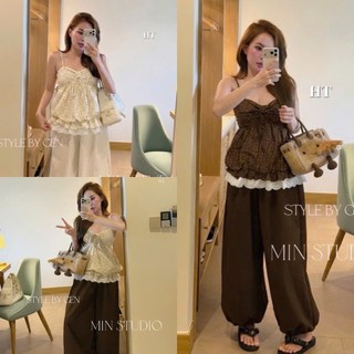 Set Bộ Đồ Nữ Áo 2 Dây Đũi Hoa Nhí Nơ NGực Phối Gấu Ren Trắng Mix Quần Thô Mềm Boom Gấu Ống Rộng