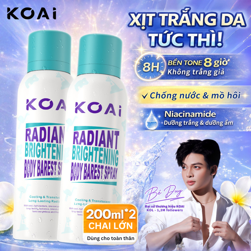 Xịt Body Nâng Tone Koai 200ml x2 – Da Sáng Mịn, Dưỡng Ẩm, Chống Nước Mồ Hôi, Không Bết Rít