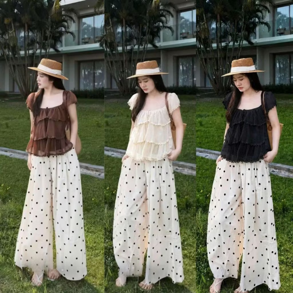 PG5- (Hàng đẹp) Sét bộ cánh tiền xếp tầng viền ren vải đẹp mix quần ống rộng (40-60kg)