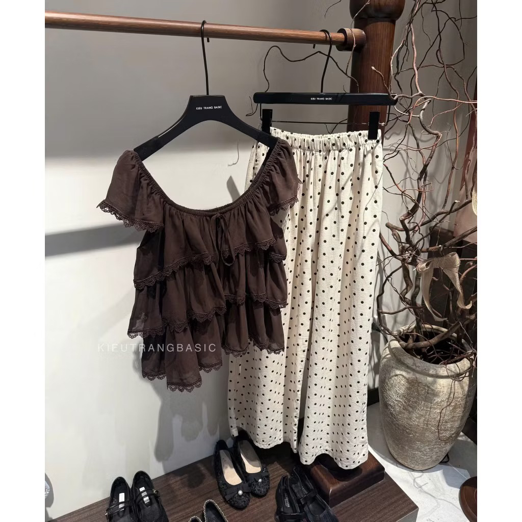 PG5- (Hàng đẹp) Sét bộ cánh tiền xếp tầng viền ren vải đẹp mix quần ống rộng (40-60kg)