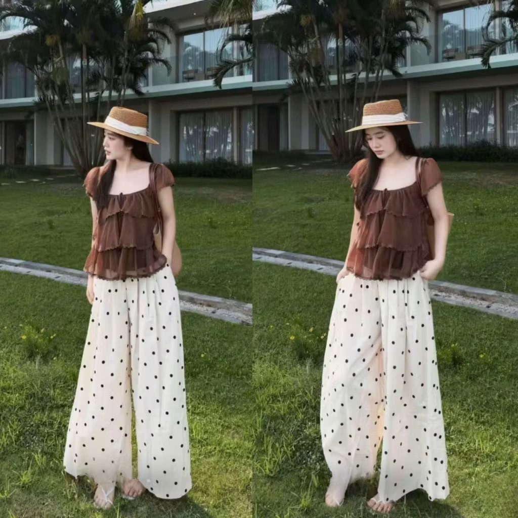 PG5- (Hàng đẹp) Sét bộ cánh tiền xếp tầng viền ren vải đẹp mix quần ống rộng (40-60kg)