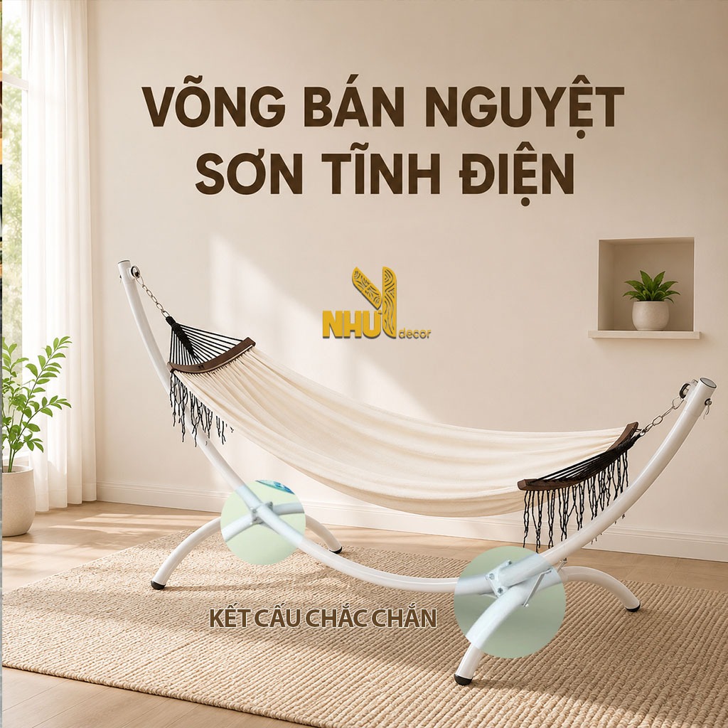 Võng bán nguyệt chính hãng NHU Y DECOR, võng lắp ráp khung thép mạ kẽm sơn tĩnh điện chịu lực 300kg, lưới võng siêu bền