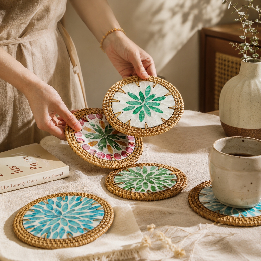 Lót Ly Cách Nhiệt Khảm Trai Viền Mây Đan 10cm TudoRattan LLK01 - Khay Lót Cốc Trà Cà Phê Decor Nhà Hàng Khách Sạn