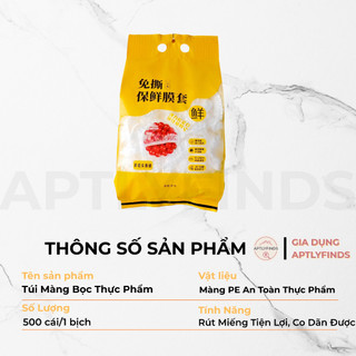 Túi 500 Màng Bọc Thực Phẩm Co Giãn Siêu Dai APTLYFINDS Chất Liệu PE, Treo Tường Dạng Rút, Có Chun