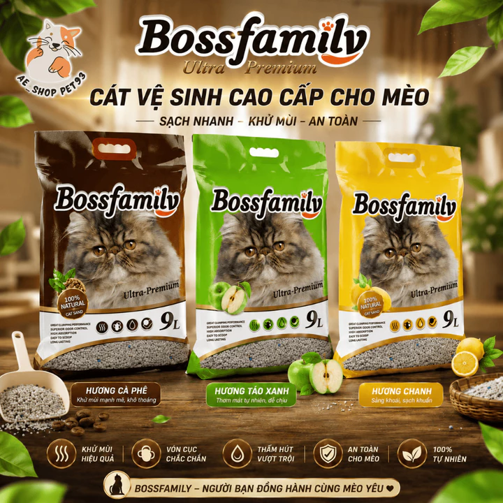 Cát vệ sinh cho mèo - Cát vệ sinh khử mùi diệt khuẩn cho mèo Boss Family 9L