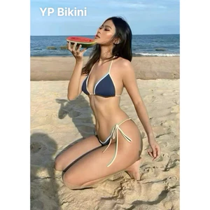 Bikini 2 mảnh bikini viền xanh than phối dây trắng mẫu hot đi biển( sẵn hàng)