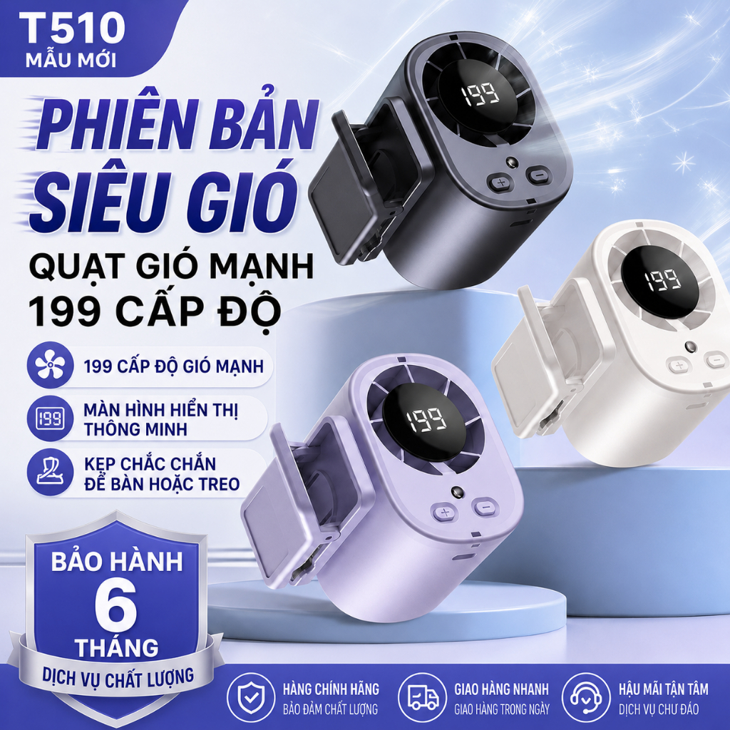 Quạt Đeo Vòng T510 199 Cấp Gió, Sạc Type-C, Đèn Pin, Dài Hạn Dùng Cho Ngoài Trời, Cắm Ở Thắt Lưng, Cổ, Tay, Để Bàn