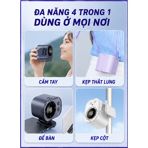 Quạt Đeo Vòng T510 199 Cấp Gió, Sạc Type-C, Đèn Pin, Dài Hạn Dùng Cho Ngoài Trời, Cắm Ở Thắt Lưng, Cổ, Tay, Để Bàn