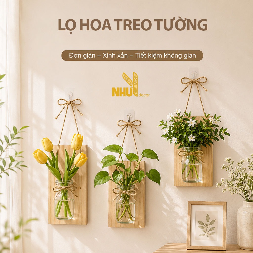 Bảng gỗ treo tường kèm lọ hoa mini,Kệ gỗ kèm bình thuỷ tinh treo tường decor phòng, lọ thuỷ sinh treo ban công NHUYDECOR