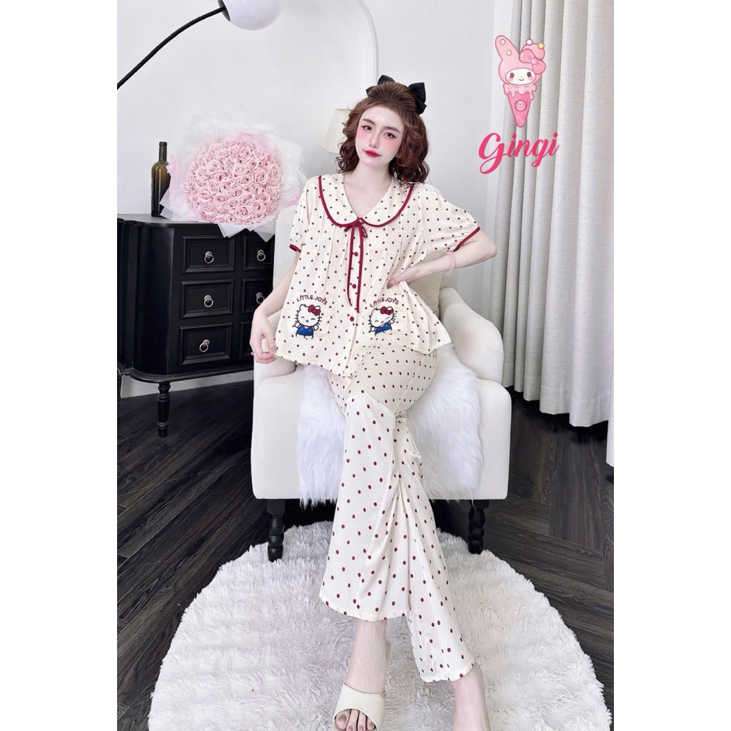 [Size40/60kg TNQD071224]Đồ bộ nữ mặc nhà áo tay ngắn quần dài form cổ sen sang chảnh chất lụa latin