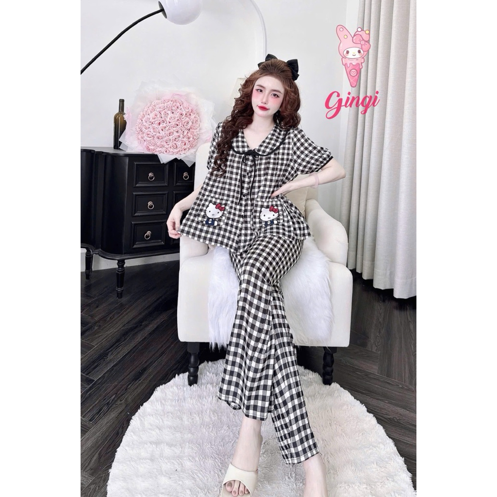 [Size40/60kg TNQD071224]Đồ bộ nữ mặc nhà áo tay ngắn quần dài form cổ sen sang chảnh chất lụa latin
