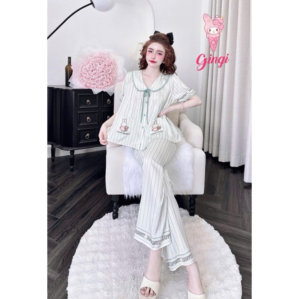 [Size40/60kg TNQD071224]Đồ bộ nữ mặc nhà áo tay ngắn quần dài form cổ sen sang chảnh chất lụa latin
