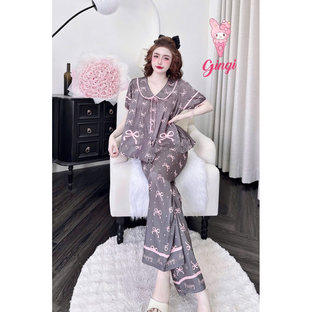 [Size40/60kg TNQD071224]Đồ bộ nữ mặc nhà áo tay ngắn quần dài form cổ sen sang chảnh chất lụa latin