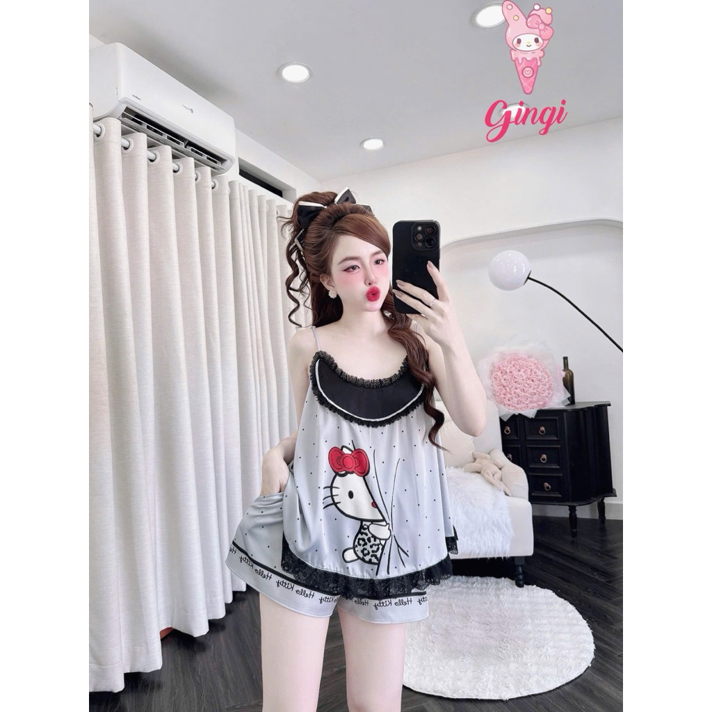[ Size40-60kg Đồ Ngắn170924 ]Đồ bộ nữ mặc nhà áo 2 dây tầng phối quần ngắn chất lụa tơ voan phối lụa latin cao cấp
