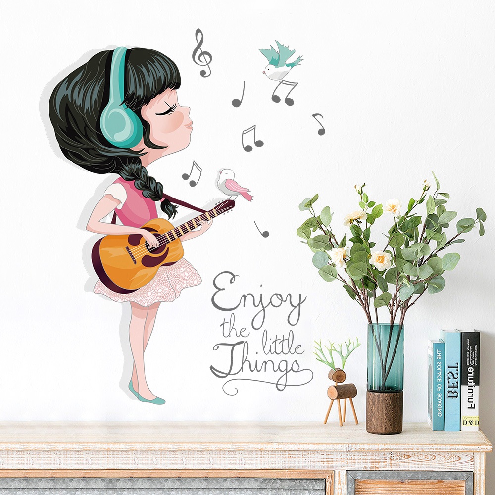 Decal Dán Tường Bé Gái Đánh Đàn Có Keo Sẵn 51x67cm - Trang Trí Phòng Ngủ Cho Bé