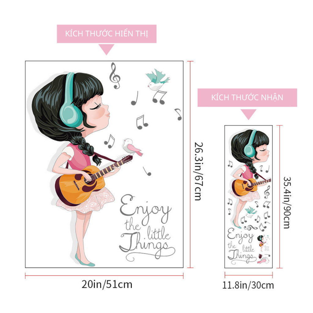 Decal Dán Tường Bé Gái Đánh Đàn Có Keo Sẵn 51x67cm - Trang Trí Phòng Ngủ Cho Bé