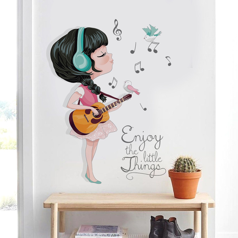 Decal Dán Tường Bé Gái Đánh Đàn Có Keo Sẵn 51x67cm - Trang Trí Phòng Ngủ Cho Bé