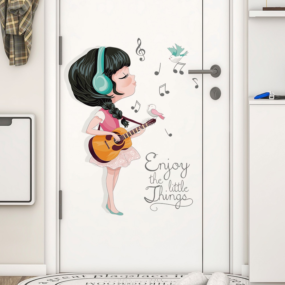 Decal Dán Tường Bé Gái Đánh Đàn Có Keo Sẵn 51x67cm - Trang Trí Phòng Ngủ Cho Bé