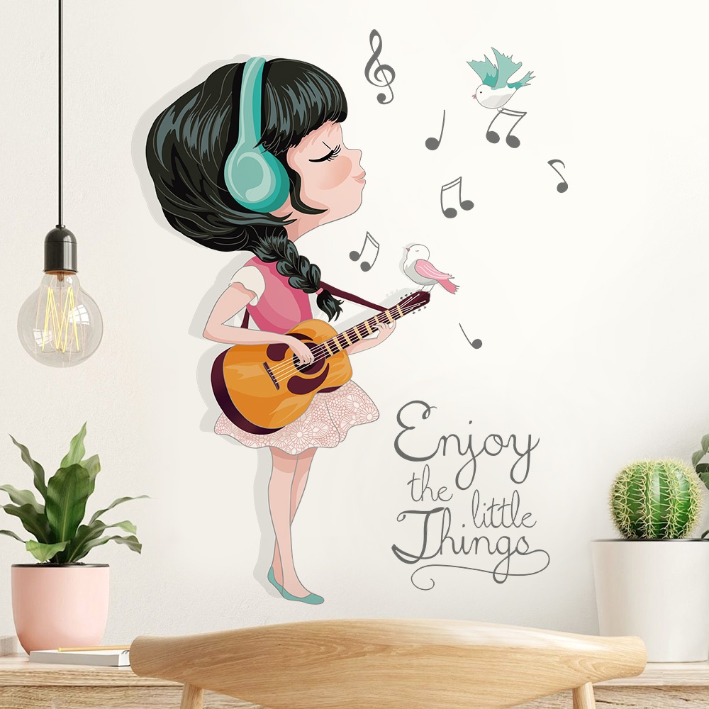 Decal Dán Tường Bé Gái Đánh Đàn Có Keo Sẵn 51x67cm - Trang Trí Phòng Ngủ Cho Bé