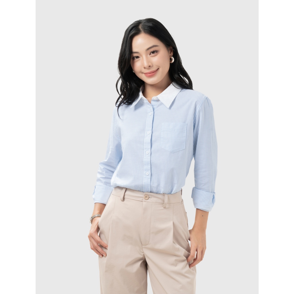Áo sơ mi nữ CANIFA cổ bẻ dài tay họa tiết kẻ sọc công sở chất liệu cotton mềm mịn 6TH26S005