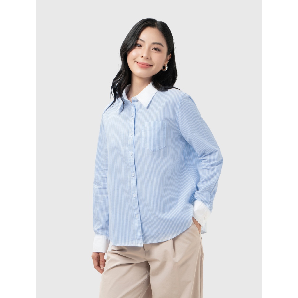 Áo sơ mi nữ CANIFA cổ bẻ dài tay họa tiết kẻ sọc công sở chất liệu cotton mềm mịn 6TH26S005