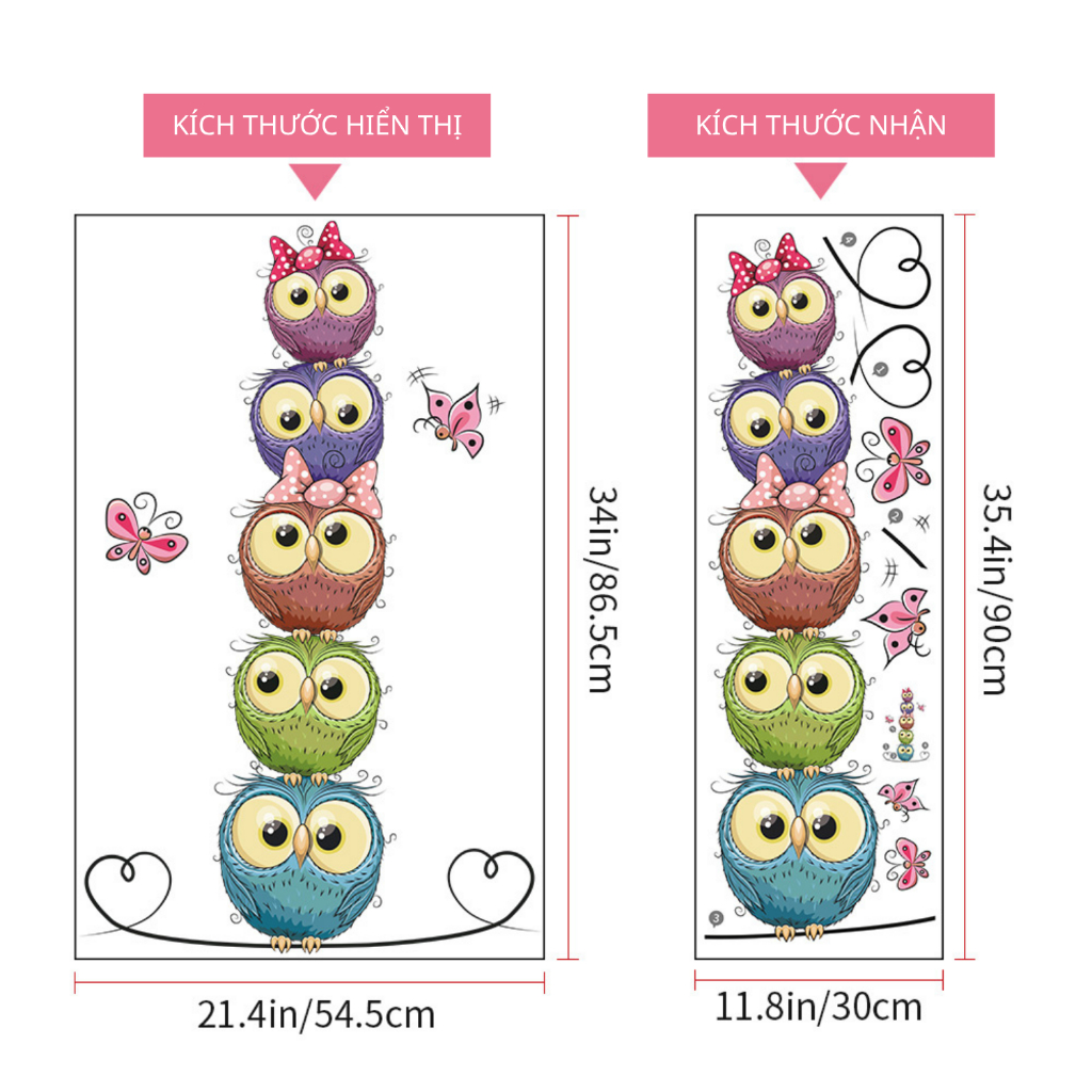Decal Dán Tường Gia Đình Cú Dễ Thương Có Keo Sẵn 54.5x86.5cm - Trang Trí Phòng Ngủ