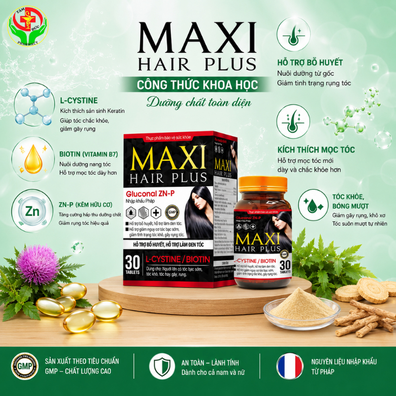 Viên Uống MAXI HAIR PLUS Hỗ Trợ Bổ Huyết, Làm Đen Tóc, Giảm Rụng Tóc, Kích Thích Mọc Tóc - Lọ 30 Viên