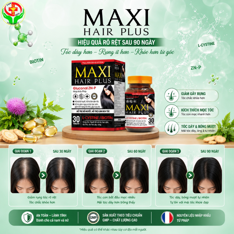 Viên Uống MAXI HAIR PLUS Hỗ Trợ Bổ Huyết, Làm Đen Tóc, Giảm Rụng Tóc, Kích Thích Mọc Tóc - Lọ 30 Viên