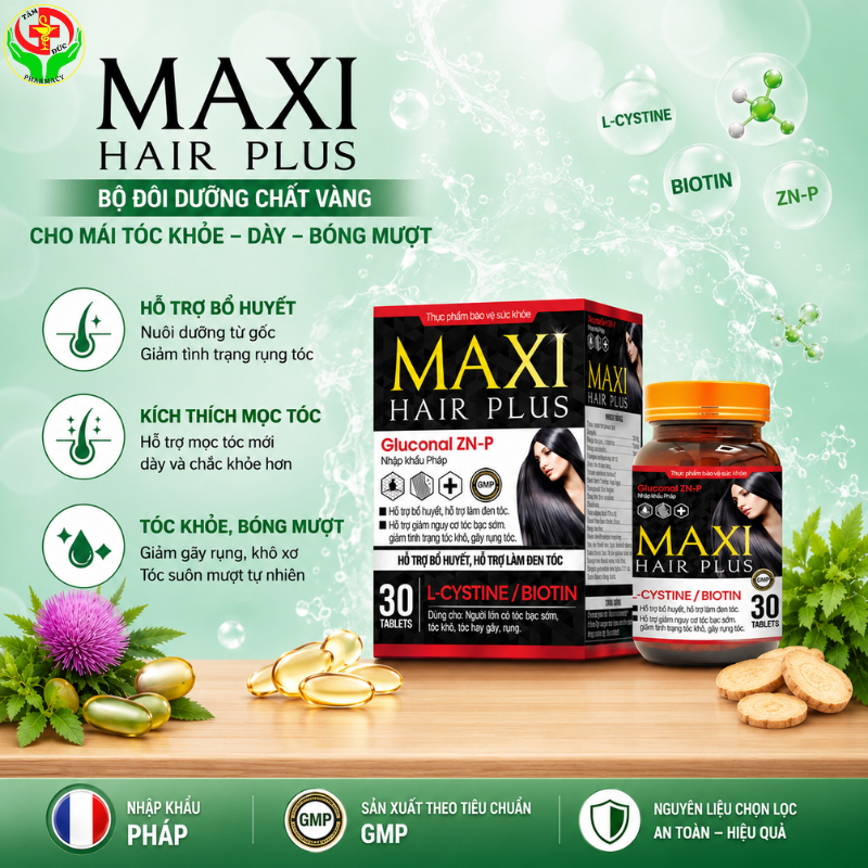 Viên Uống MAXI HAIR PLUS Hỗ Trợ Bổ Huyết, Làm Đen Tóc, Giảm Rụng Tóc, Kích Thích Mọc Tóc - Lọ 30 Viên