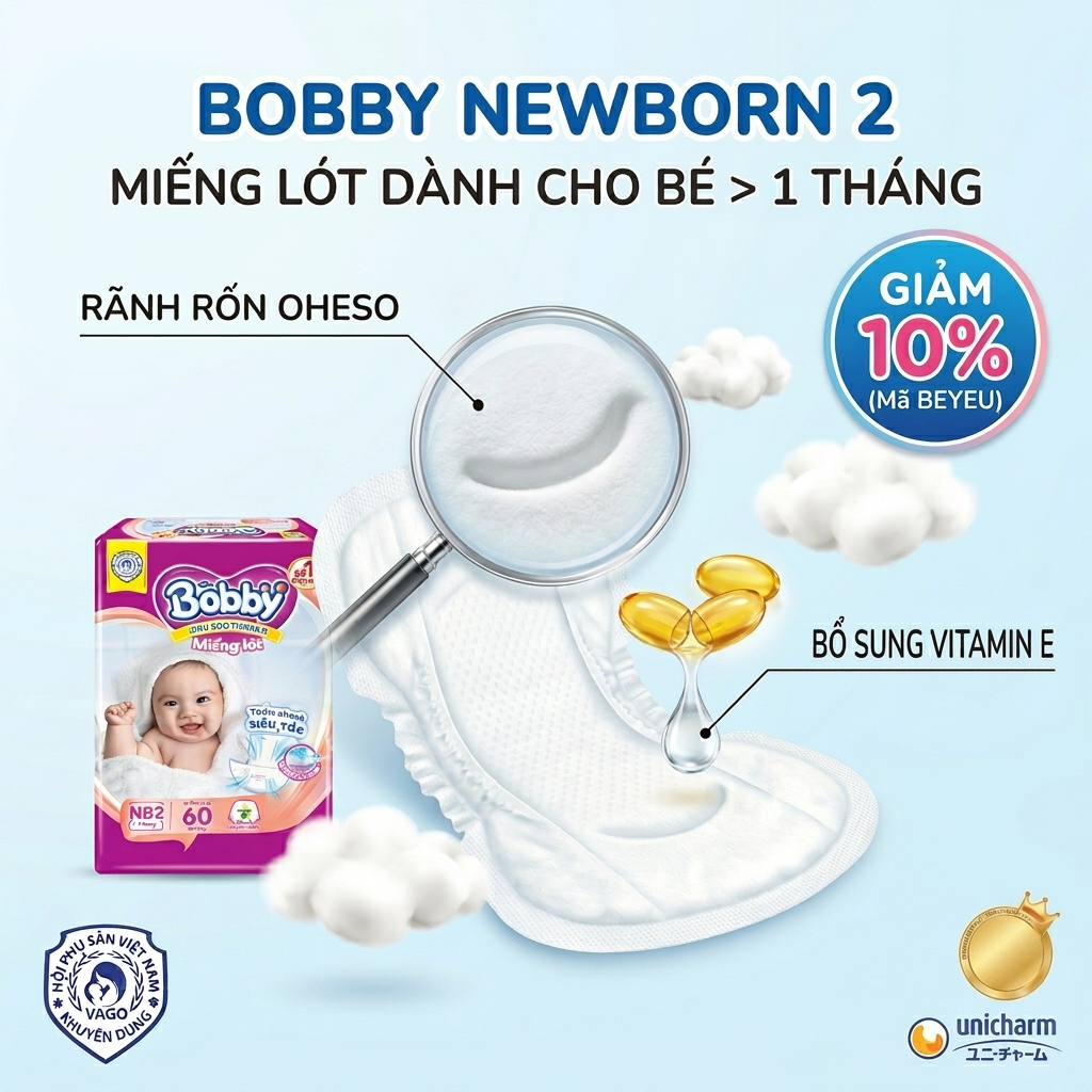 MIẾNG LÓT SƠ SINH  BOBBY NEWBORN 2 (60 MIẾNG) - CHO BÉ TRÊN 1 THÁNG TUỔI