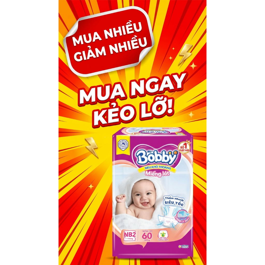 MIẾNG LÓT SƠ SINH  BOBBY NEWBORN 2 (60 MIẾNG) - CHO BÉ TRÊN 1 THÁNG TUỔI