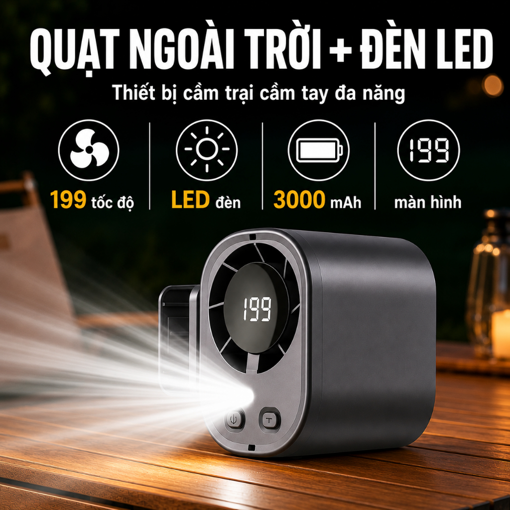 Quạt Đeo Vòng T510 199 Cấp Gió, Sạc Type-C, Đèn Pin, Dài Hạn Dùng Cho Ngoài Trời, Cắm Ở Thắt Lưng, Cổ, Tay, Để Bàn