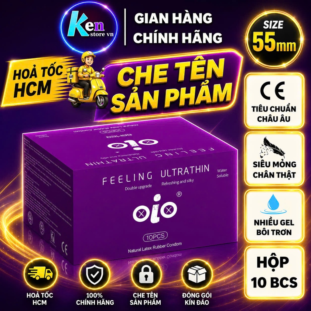Bao cao su siêu mỏng OiO nhiều gel bôi trơn hỗ trợ kéo dài thời gian bcs chống xuất tinh sớm CHE TÊN KÍN ĐÁO SẢN PHẨM