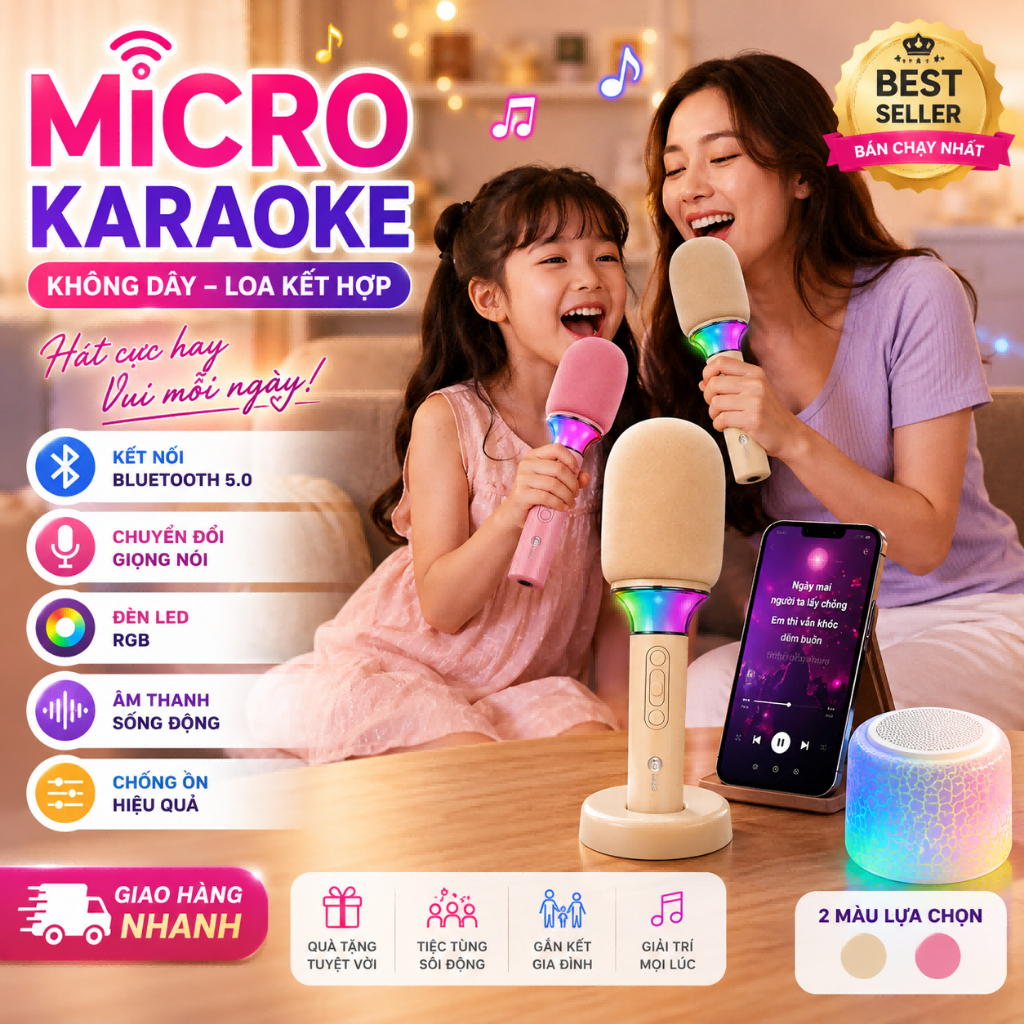 Micro karaoke với loa | Bluetooth 5.3 | Pin tích hợp | USB Type-C | Micro (Mic Kanak - Kanak) dành cho ngoài trời và gia
