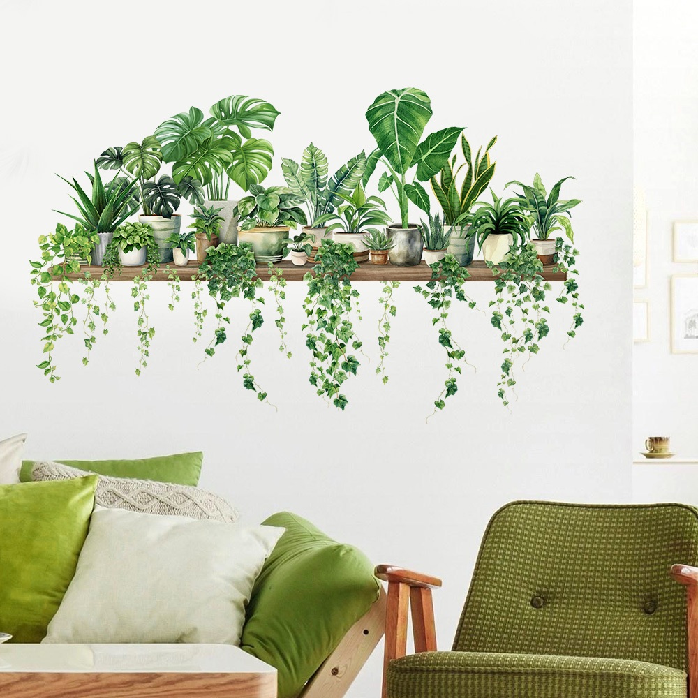 Decal Dán Tường Kệ Cây Xanh Nhiệt Đới Có Keo Sẵn 88x21.2cm - Trang Trí Không Gian Phòng Khách