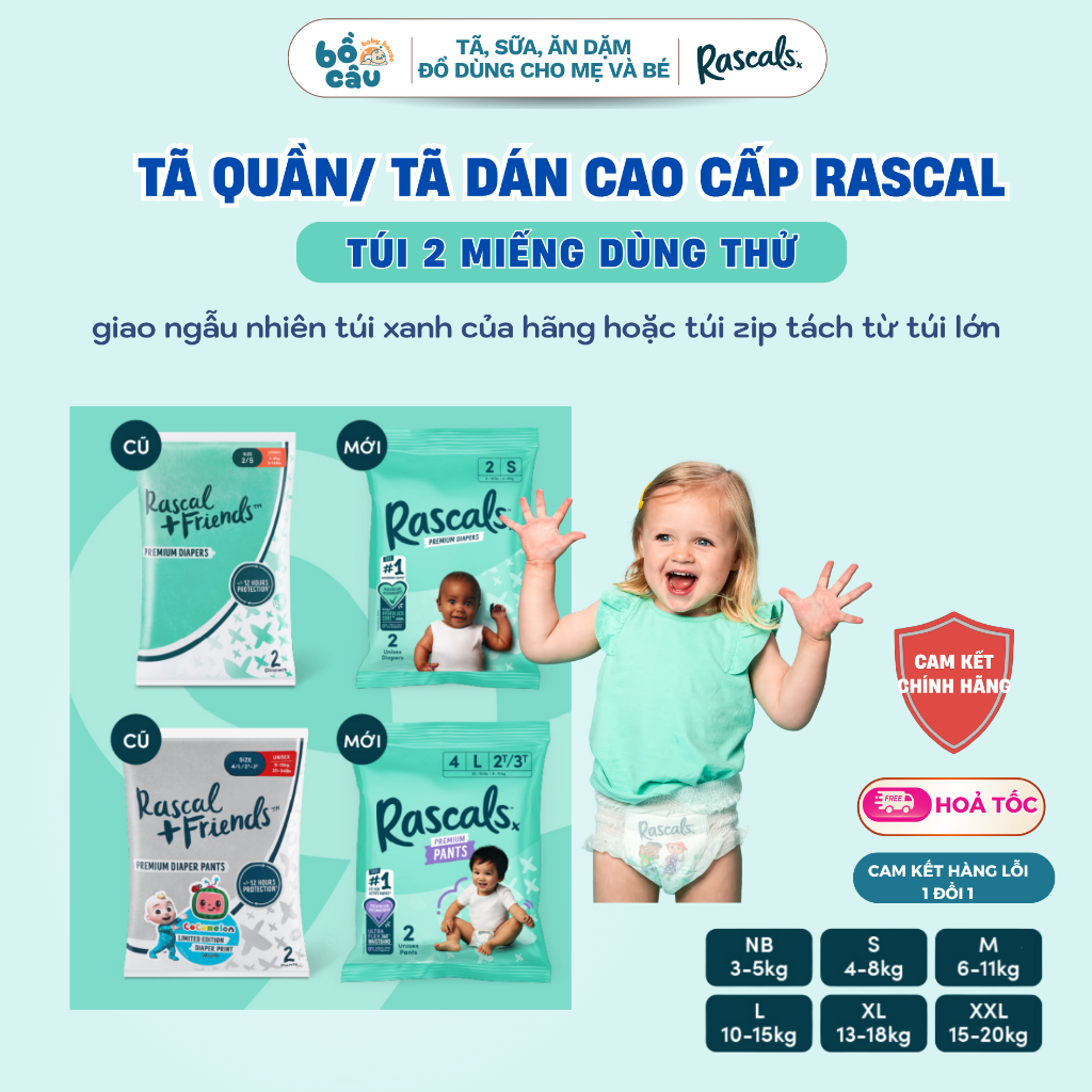 Bịch 2 miếng trải nghiệm bỉm tã cao cấp New Zealand Rascal Friends