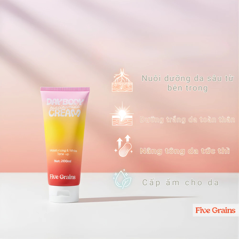 Kem Dưỡng Body Five Grains 200ml – Niacinamide Dưỡng Ẩm Sáng Da Nâng Tông Tự Nhiên Dùng Ban Ngày