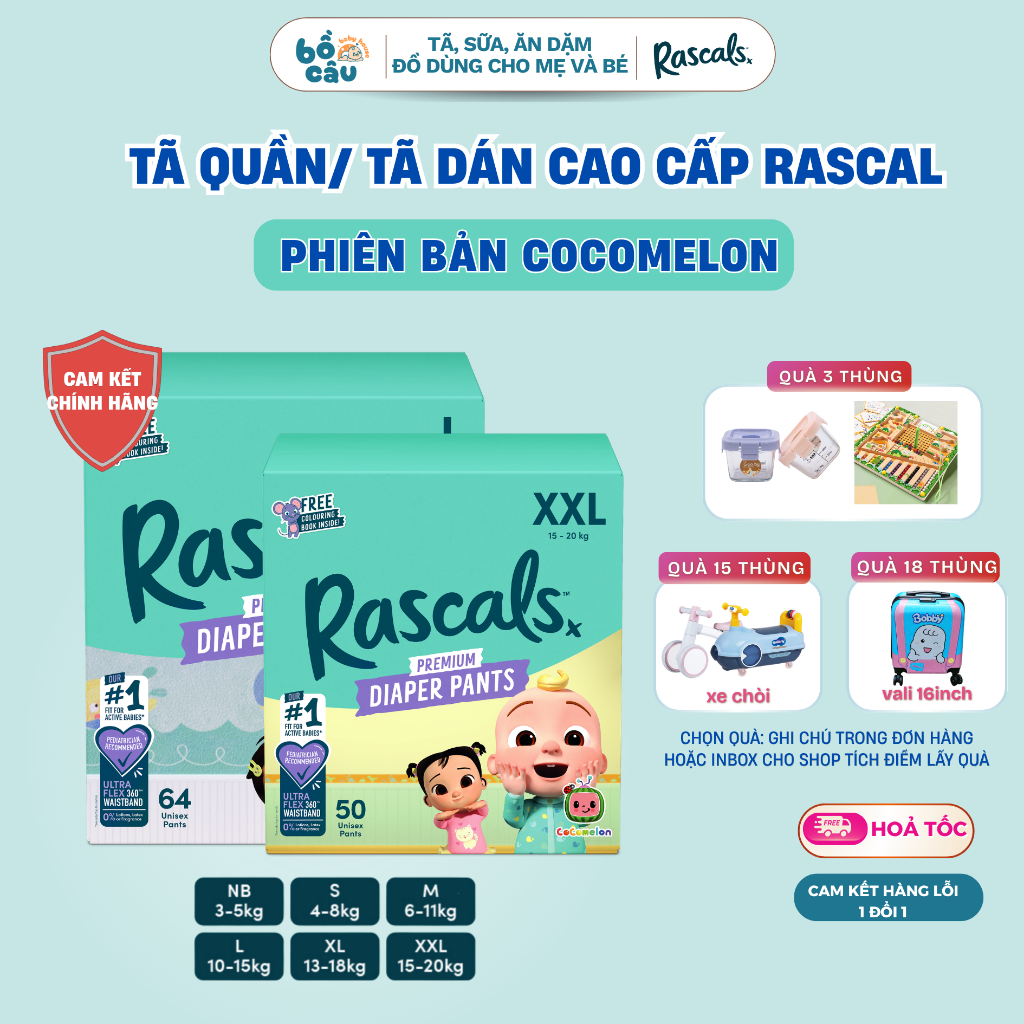 Tã quần cho bé Rascal and Friends Cocomelon bỉm cho bé cao cấp New Zealand thấm hút đến 12 tiếng