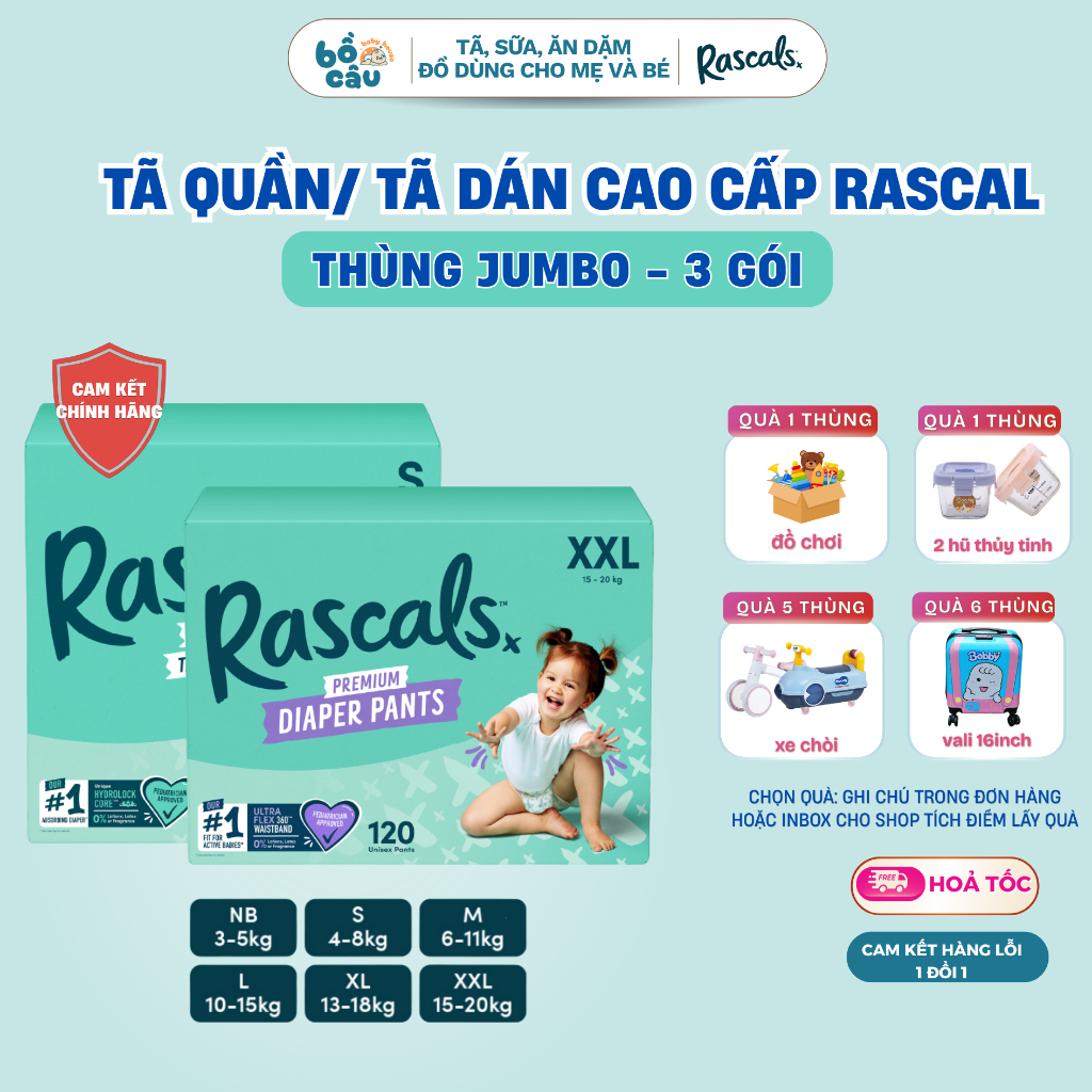 Thùng Jumbo 3 tã/bỉm Rascal Friend, thương hiệu Rascal and Friend NewZealand chính hãng