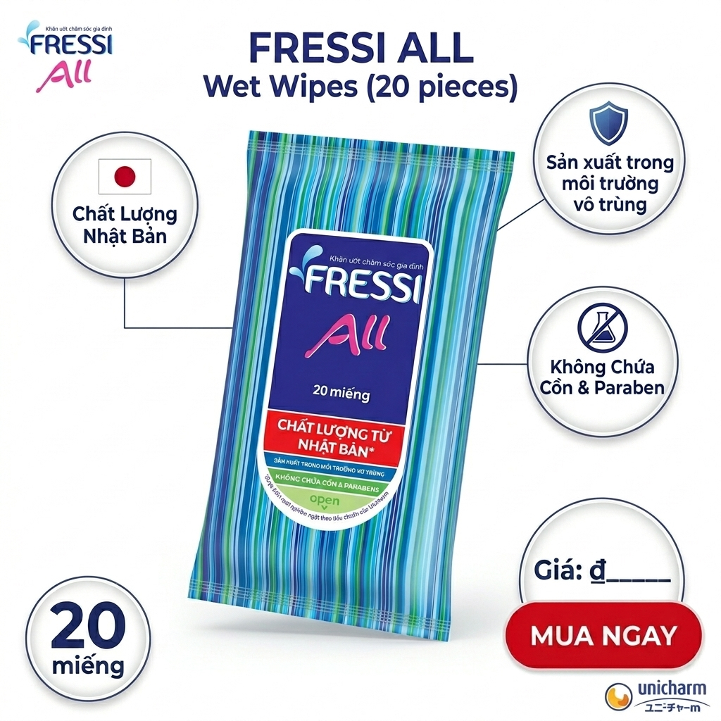 💎 KHĂN ƯỚT FRESSI ALL (20 MIẾNG) – CHĂM SÓC GIA ĐÌNH CHUẨN NHẬT BẢN