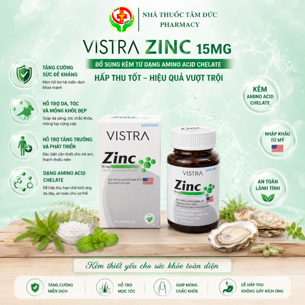 Kẽm Vistra Zinc 15mg Amino Acid Chelate - Hỗ Trợ Tiêu Hóa, Nhanh Lành Tổn Thương & Tăng Cường Hệ Miễn Dịch