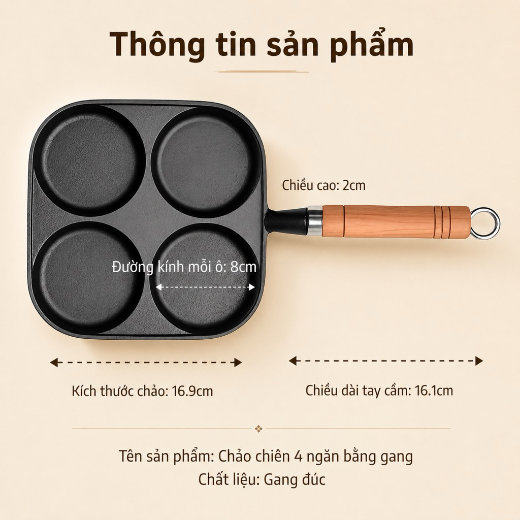 Chảo Gang 4 Ngăn Cao Cấp Tay Cầm Gỗ Chiên Trứng Rán Bánh Đa Năng