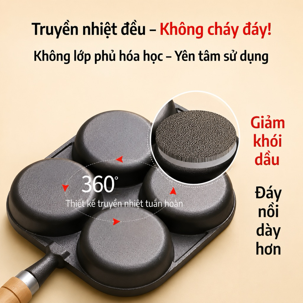 Chảo Gang 4 Ngăn Cao Cấp Tay Cầm Gỗ Chiên Trứng Rán Bánh Đa Năng