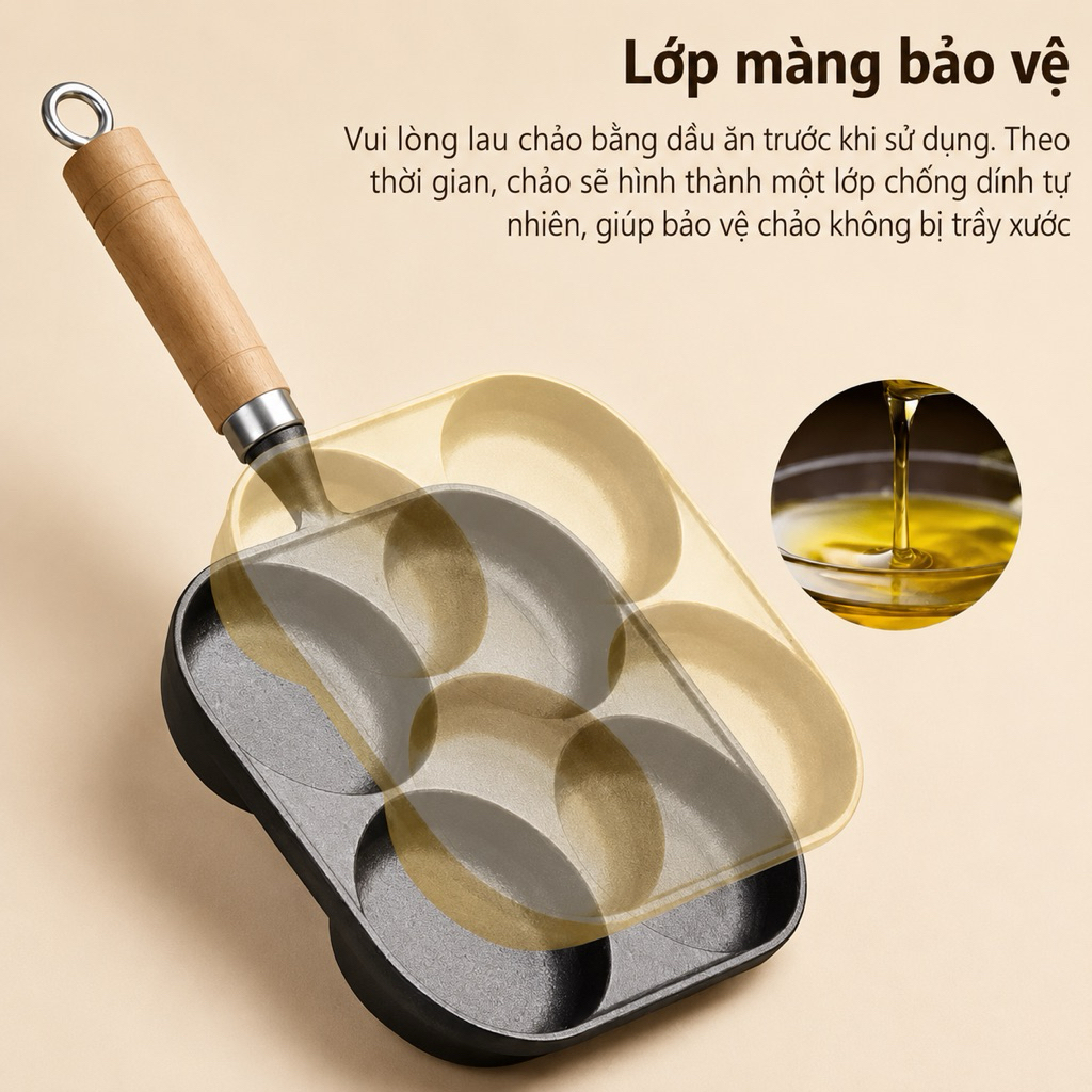 Chảo Gang 4 Ngăn Cao Cấp Tay Cầm Gỗ Chiên Trứng Rán Bánh Đa Năng