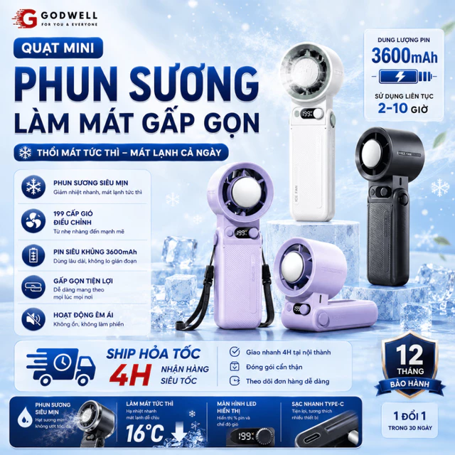 Quạt Mini Cầm Tay Có Sò Lạnh 199 Tốc Độ Gió Mini Quạt Di Động Có Dây Đeo, Gấp Gọn Tiện Lợi