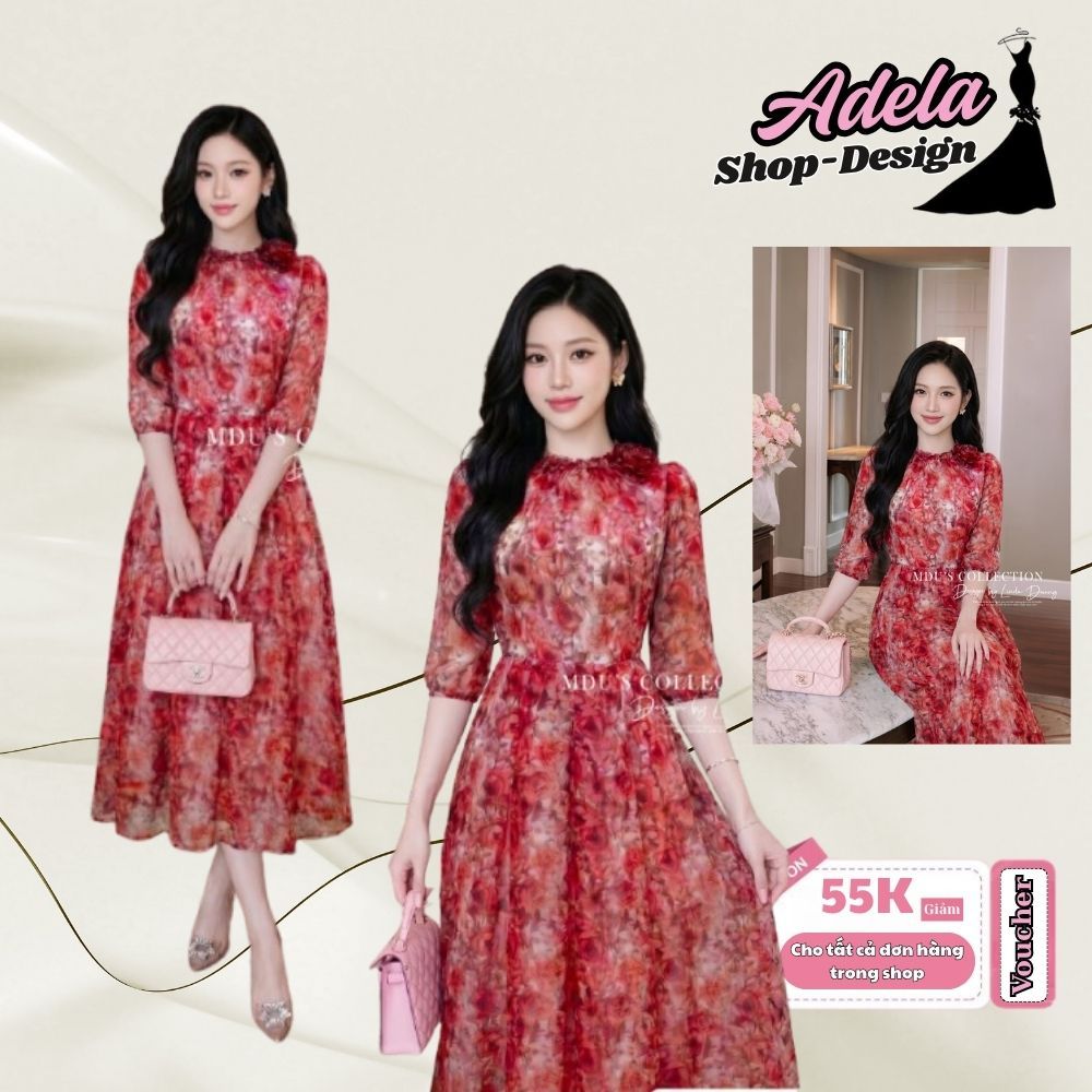 VÁY THIẾT KẾ ADELA DESIGN TƠ HÀN ĐỎ DÁNG XÒE XẾP LY ĐÍNH HOA SANG TRỌNG MDU5990