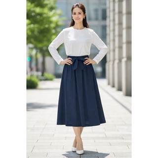 SWANLAKE | Chân Váy Maxi Nữ Dài Xòe Lưng Thun Cạp Cao Thắt Nơ Vải Cotton Công Sở Thanh Lịch V12448
