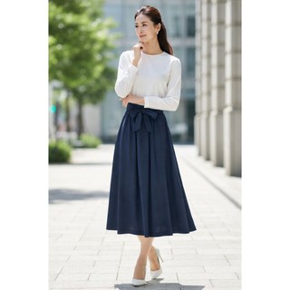 SWANLAKE | Chân Váy Maxi Nữ Dài Xòe Lưng Thun Cạp Cao Thắt Nơ Vải Cotton Công Sở Thanh Lịch V12448