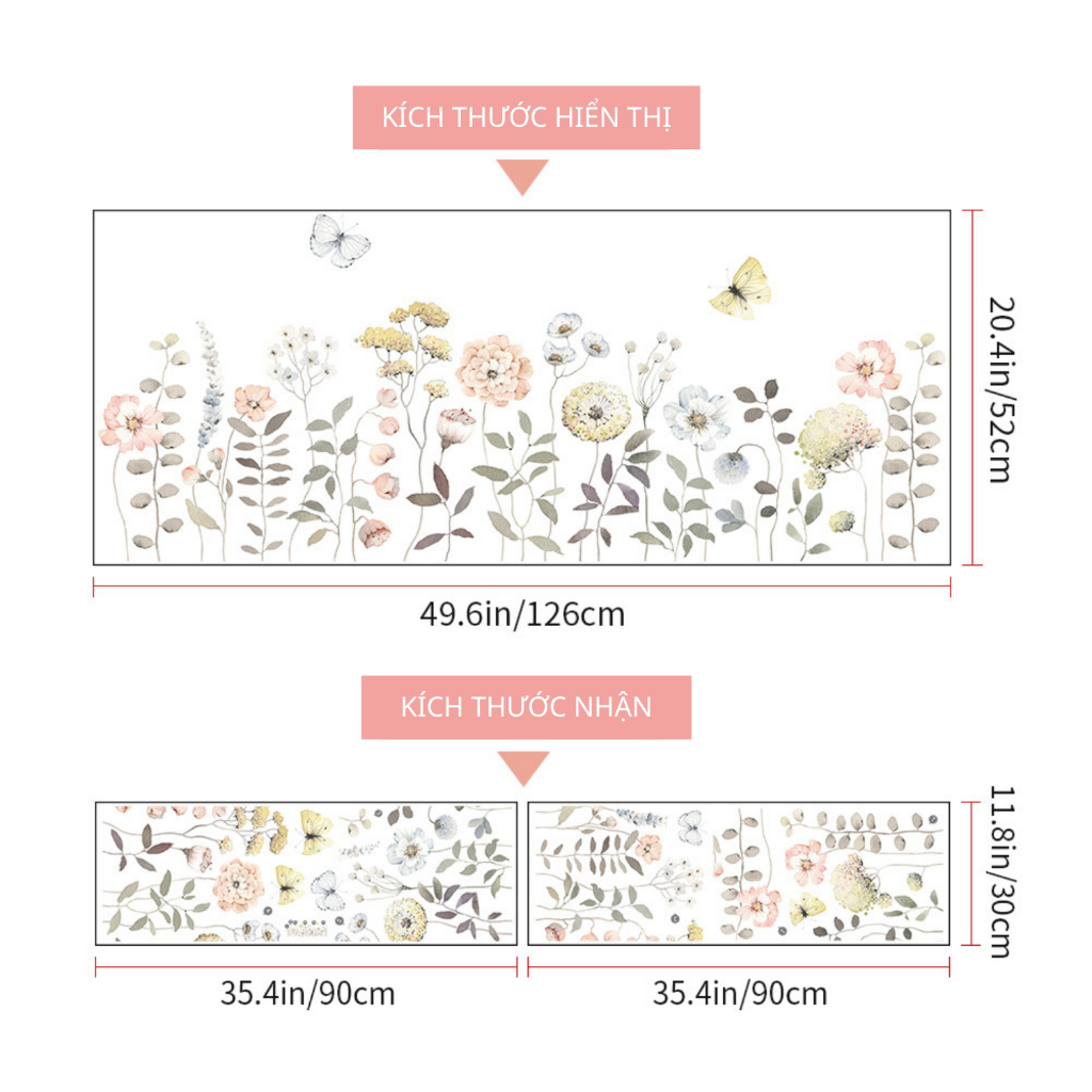 Decal Dán Chân Tường Hoa Bướm Có Keo Sẵn 126x52cm - Trang Trí Nhà Chống Bẩn Chân Tường